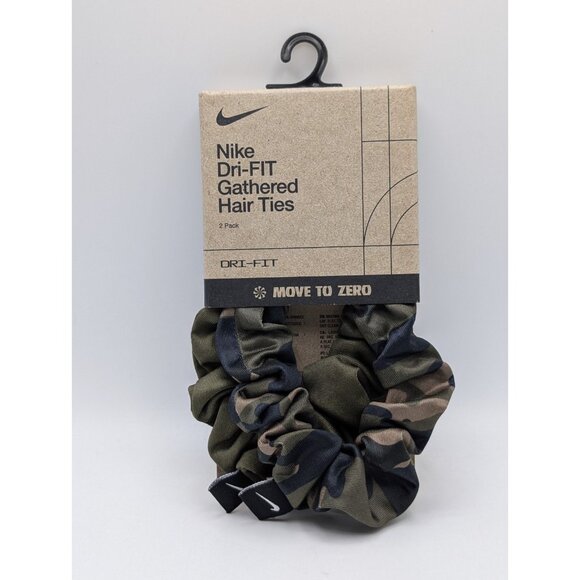 NEW Nike Dri-Fit Camo & Army Green Gathered Ponytail Hair Ties 2 Pack Scrunchies - Picture 2 of 3